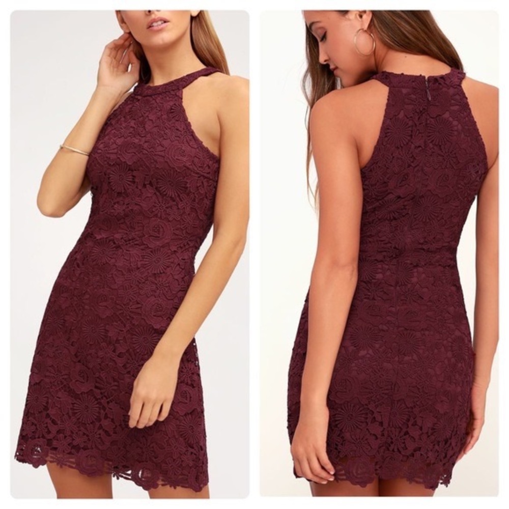 LULU’S Burgundy Love Poem Halter Lace Mini Dress